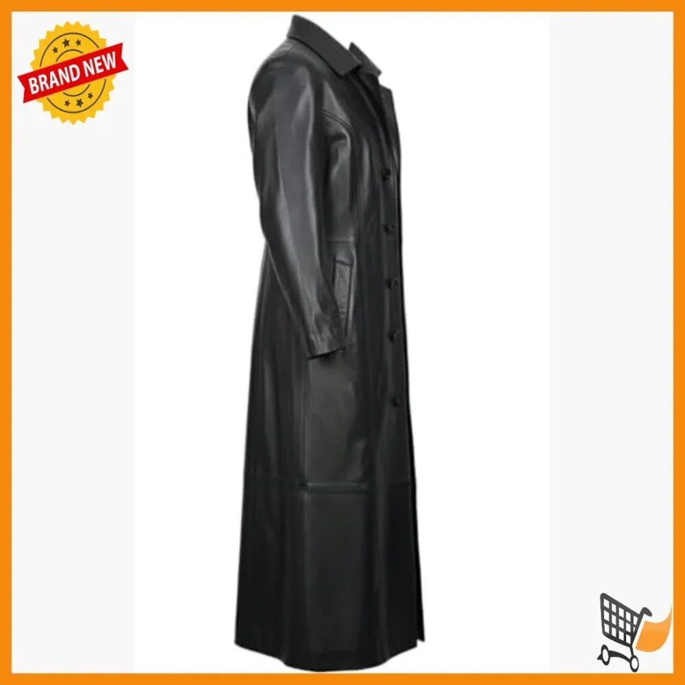 XL Lambskin Leather Trench Coat Long Duster Overcoat Mens Winter Outwear